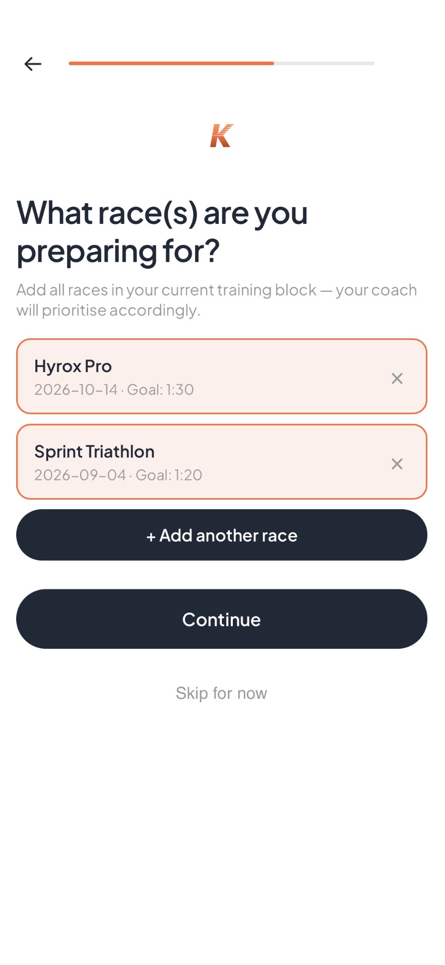 Kova race-preparation screen