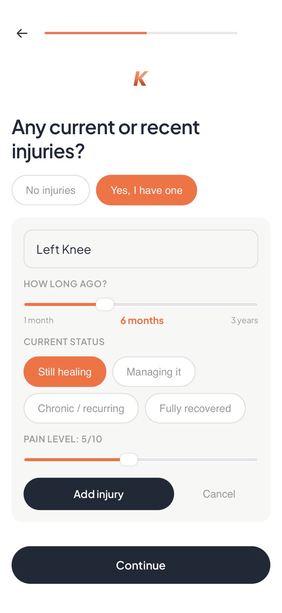 Kova injury-tracking screen